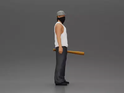 Gnangster Man in streetwear posing with a bat and face mask 3D print model