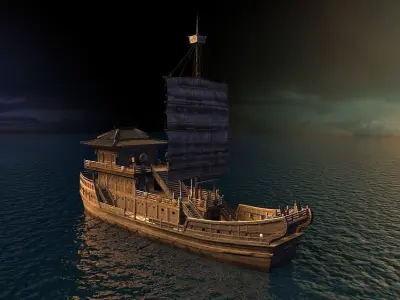 Ancient Chinese warships and sailboats at sunset 3D model