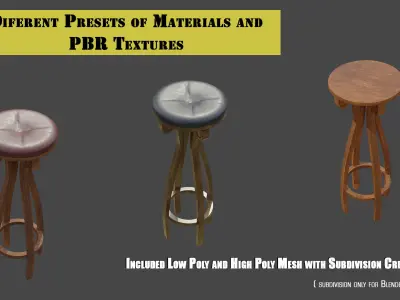 Vintage Bar Seat Stool Classic Style with PBR options  Low-poly 3D model