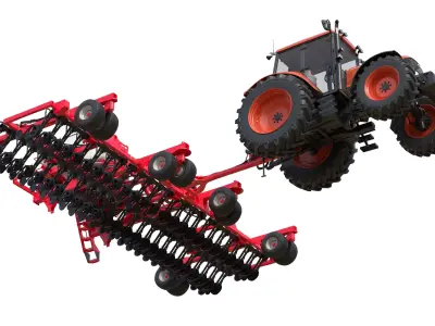 Kubota M130X1 Tractor and Seed Drill Low-poly 3D model