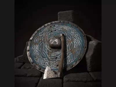 Viking axe and shield with Midgard serpent Low-poly 3D model