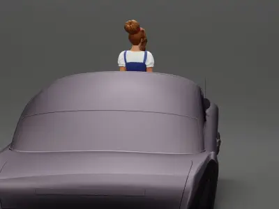 sexy girl in short denim overalls heels is sitting on the car 3D print model