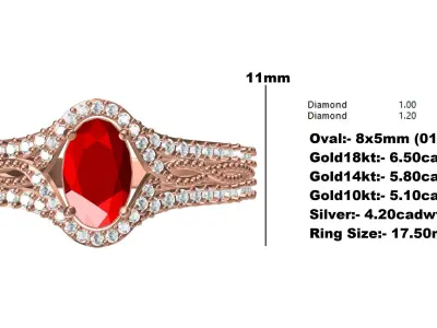 Antique Art Deco Ruby Oval Diamond Engagement Ring 3D print model