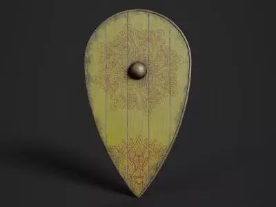Slavic kite wooden shield-painted yellow with flower symbol Low-poly 3D model