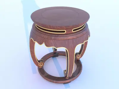 Black Lacquered Round Stool with Gilded Decoration 3D model
