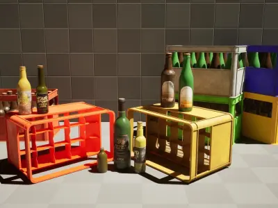 Props Glass Bottles and Plastic box PBR Low-poly 3D model