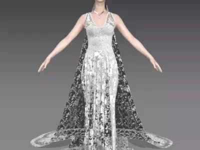 wedding dress long veil bordered with lace Low-poly 3D model