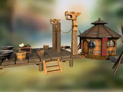 Building set PBR low-poly 3D model wooden cross 3D Model Collection
