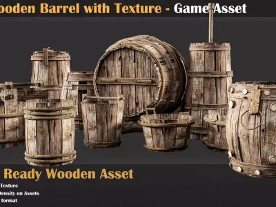 25 Wooden Barrel with Texture - Game Asset   3D model