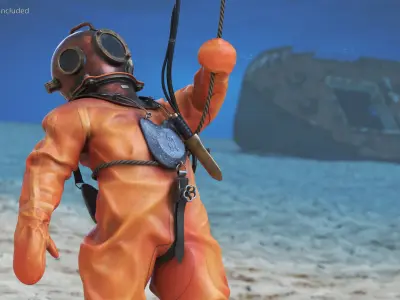 Old Copper Diving Suit and White Shark 3D model
