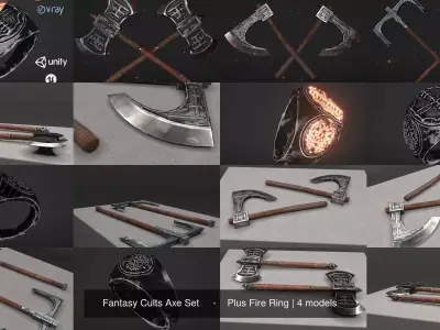 Fantasy Cults Axe Set     -    Plus Fire Ring 3D Model Pack