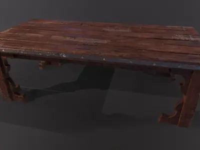 Old medieval Wear and Used Wooden Long Table  Low-poly 3D model
