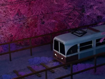 Tram Environment Scene Tracks Foliage Tram Streetlight Fence  3D model
