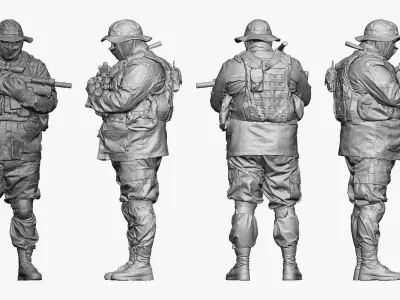 soldier stying and holding rifle in chest 001152 3D model