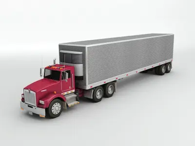 Semi Truck With Flatbed and Box Trailers Low-poly 3D model
