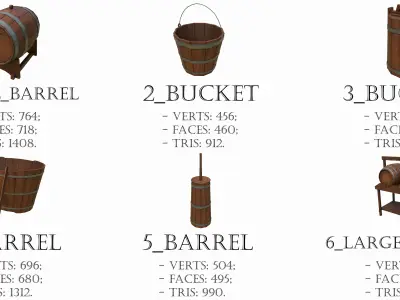Pack of 6 Medieval Wooden Barrels and Buckets Low-poly 3D model