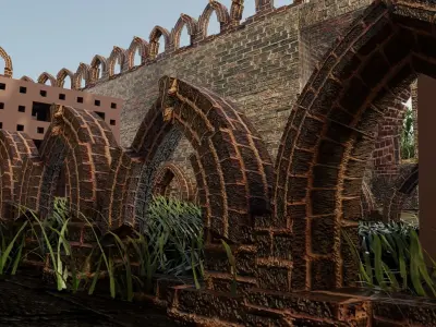 Castle old stone gate in middle of grassy area Low-poly 3D model