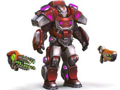 Cartoon Sci-Fi Cyborg Drone Heavy Machine Gunner Low-poly 3D model 5