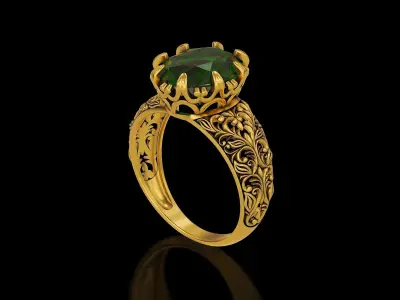 Oval stone antique filigree crown gold silver ring 3D print model