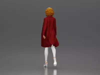 Woman with curly hair wearing red coat walking holding handbag 3D print model