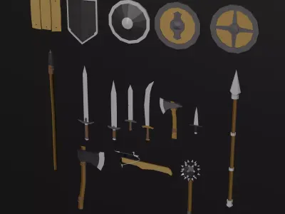 Low-poly medieval weapons and shield Low-poly 3D model