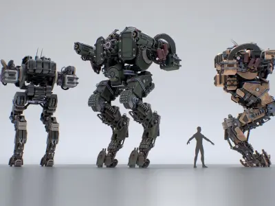Animated sci-fi military mech Low-poly 3D model