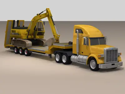 Truck with stepframe trailer and excavator 3D model