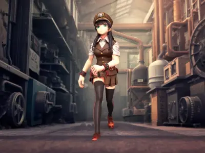 Steampunk Anime Engineer in Brown Uniform Low-poly 3D model