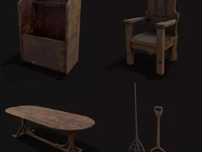 Rustic Medieval Wood Furniture Mix Four 3D Model Pack