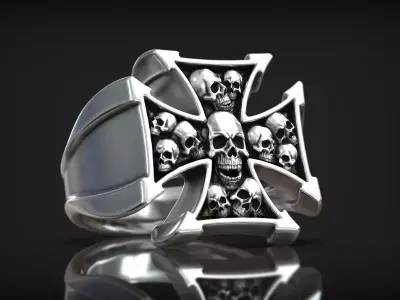 Maltese Heraldic Cross Skull Heads Biker Ring 3D print model