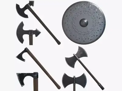 Medieval Battle Axe And Shield Low-poly 3D model