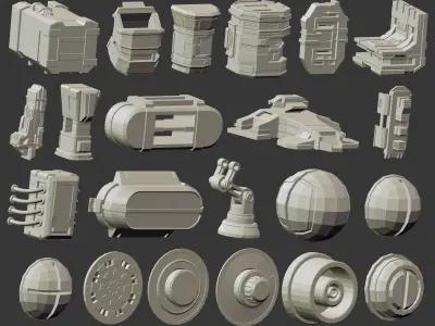 110 Low poly futuristic robot or weapon parts kitbash IMM brush 3D model