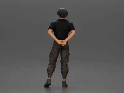 Man with messy hair wearing black shirt and cargo pants 3D print model