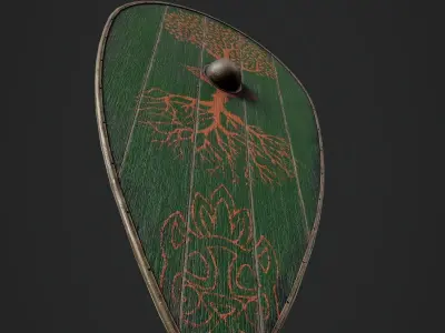 Slavic kite wooden shield-painted green with trees symbol Low-poly 3D model