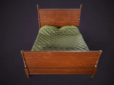 Vintage Wooden Bed Low-poly 3D model