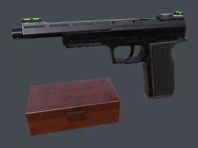Pistol Long Range and Ammo Box Low-poly 3D model