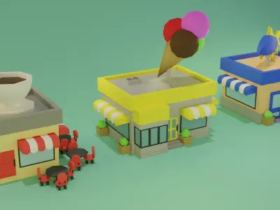 LowPoly Buildings town with and coffee shop Low-poly 3D model