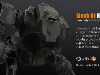 Package of 10 Battle Mechas Low-poly 3D model