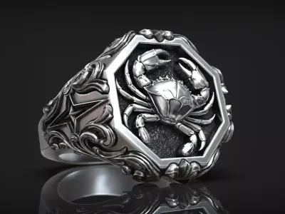 Horoscope Cancer Zodiac Sign Ring Antique Relief Signet 3D print model