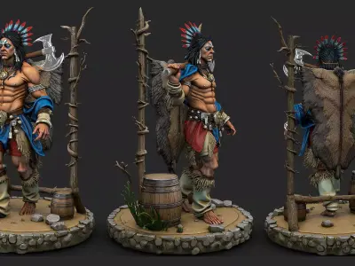 Native amerian warrior with axe with wooden bracket 3D model