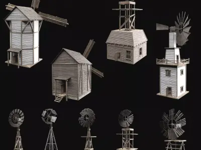 WILD WEST WESTERN WINDMILL WIND MILL TURBINE COLLECTION Low-poly 3D model