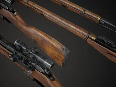 PBR Soviet Mosin Nagant 91-30 Sniper Rifle Low-poly 3D model