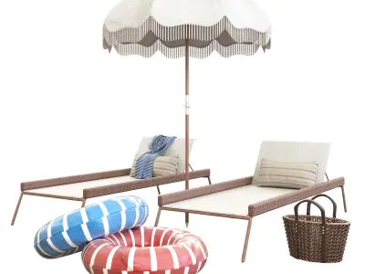 antique beach umbrella and huntington chaise 3D model