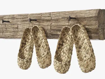 Aged Bast Shoes Hanging on Old Timber 3D model