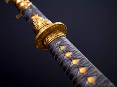 Golden Katana Sword PBR Game-Ready Low-poly 3D model