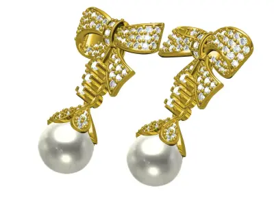 Antique Diamond Bow Pearl Drop Earring 3D print model