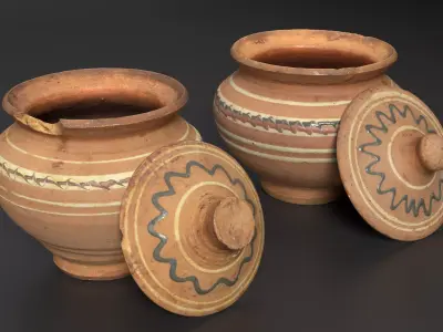 Rustic Antique Clay Pot Set Low-poly 3D model