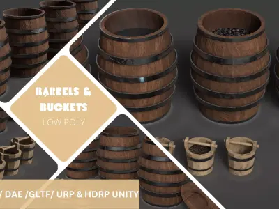 Barrels And Buckets  Free low-poly 3D model