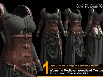 Women Medieval Woodland Costume Design - ZPRJ-FBX-OBJ Files 3D model