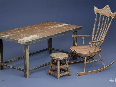 Old Chair-Old Stool and Old Table Free low-poly 3D model